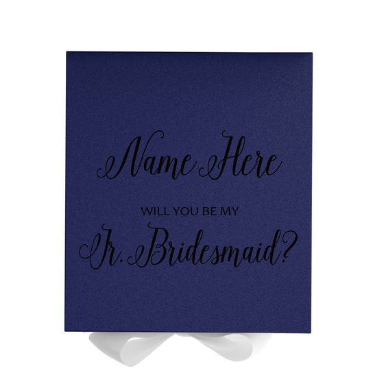 Personalized Will You Be My Jr. Bridesmaid  Box? Proposal Box Navy Blue w/ Bow white - No Border