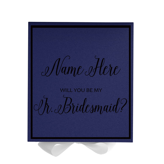 Personalized Will You Be My Jr. Bridesmaid  Box? Proposal Box Navy Blue w/ Bow white -  Border