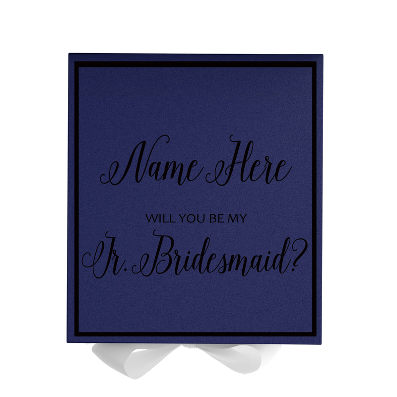 Personalized Will You Be My Jr. Bridesmaid  Box? Proposal Box Navy Blue w/ Bow white -  Border