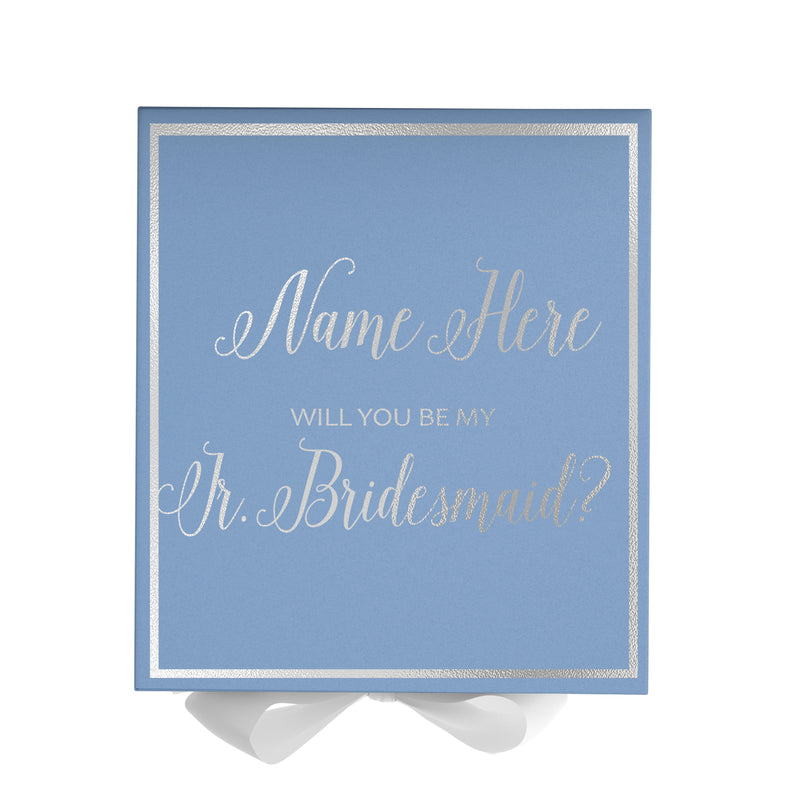 Personalized Will You Be My Jr. Bridesmaid  Box? Proposal Box Light Blue w/ Bow white -  Border