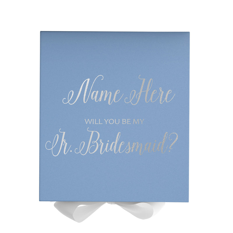 Personalized Will You Be My Jr. Bridesmaid  Box? Proposal Box Light Blue w/ Bow white - No Border
