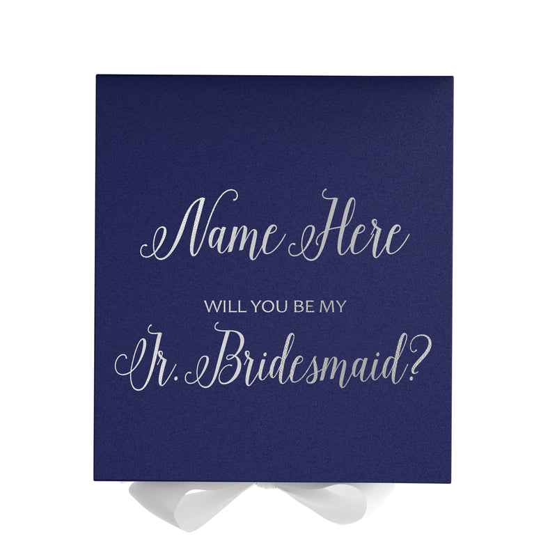 Personalized Will You Be My Jr. Bridesmaid  Box? Proposal Box Navy Blue w/ Bow white - No Border