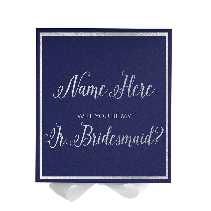Personalized Will You Be My Jr. Bridesmaid  Box? Proposal Box Navy Blue w/ Bow white -  Border