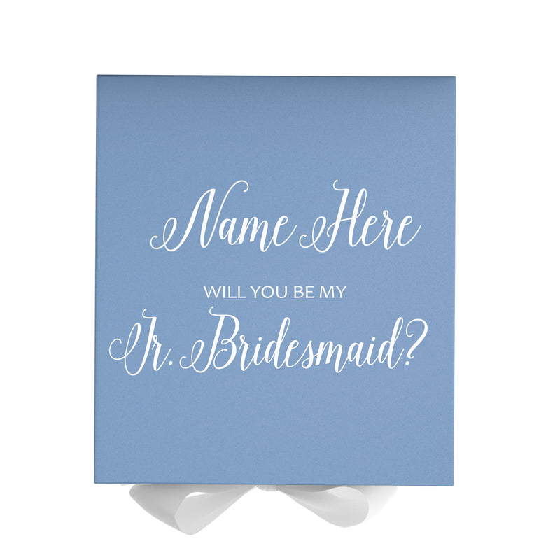 Personalized Will You Be My Jr. Bridesmaid  Box? Proposal Box Light Blue w/ Bow white - No Border