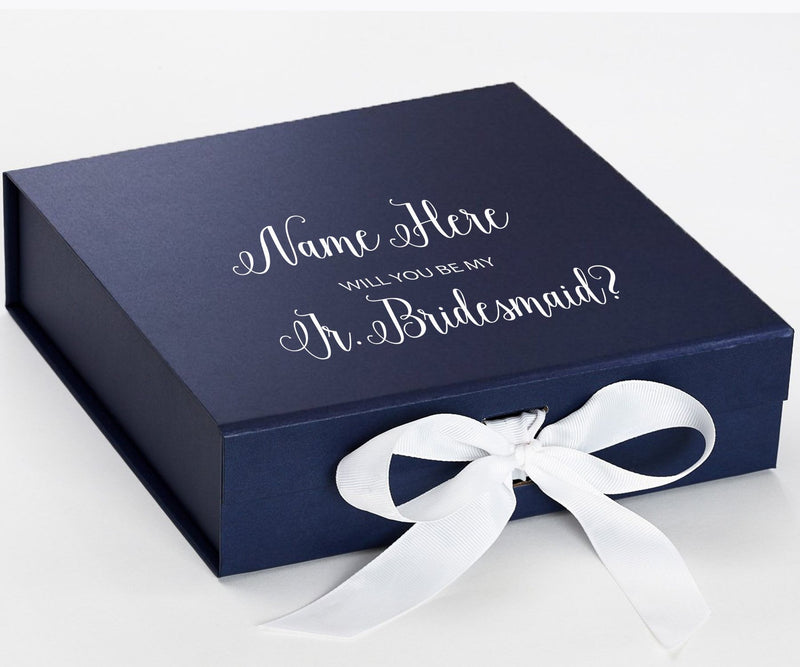 Personalized Will You Be My Jr. Bridesmaid  Box? Proposal Box Navy Blue w/ Bow white - No Border