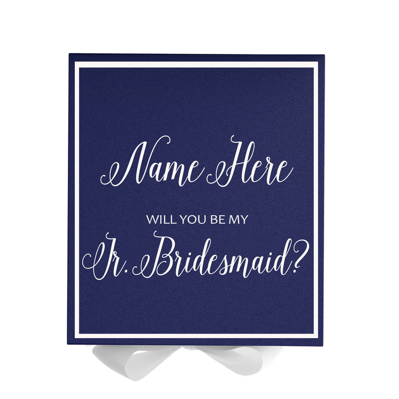 Personalized Will You Be My Jr. Bridesmaid  Box? Proposal Box Navy Blue w/ Bow white -  Border