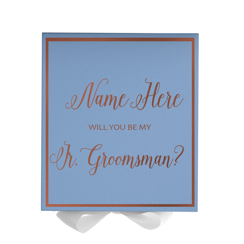 Personalized Will You Be My Jr. Groomsman  Box? Proposal Box Light Blue w/ Bow white -  Border
