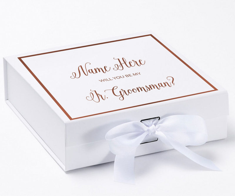 Personalized Will You Be My Jr. Groomsman  Box? Proposal Box White w/ Bow white -  Border