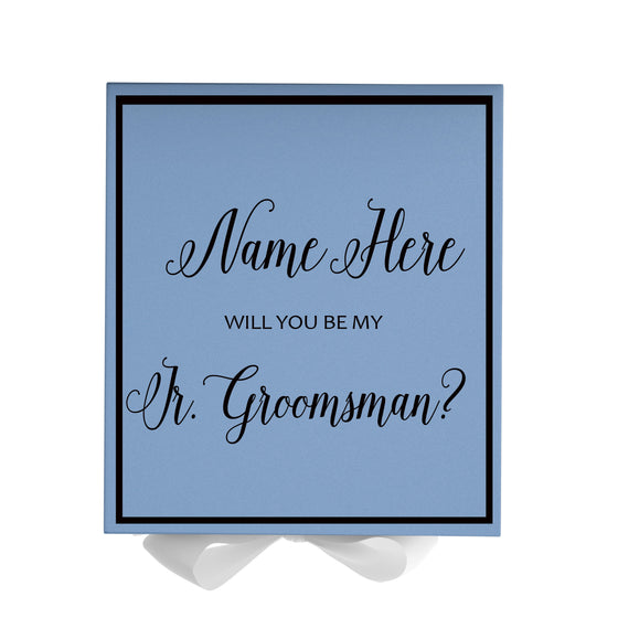 Personalized Will You Be My Jr. Groomsman  Box? Proposal Box Light Blue w/ Bow white -  Border