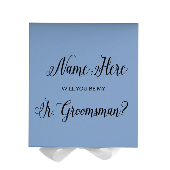 Personalized Will You Be My Jr. Groomsman  Box? Proposal Box Light Blue w/ Bow white - No Border