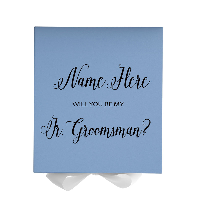 Personalized Will You Be My Jr. Groomsman  Box? Proposal Box Light Blue w/ Bow white - No Border