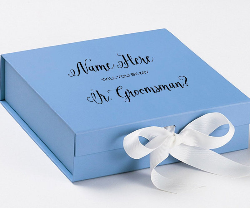 Personalized Will You Be My Jr. Groomsman  Box? Proposal Box Light Blue w/ Bow white - No Border