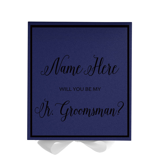 Personalized Will You Be My Jr. Groomsman  Box? Proposal Box Navy Blue w/ Bow white -  Border