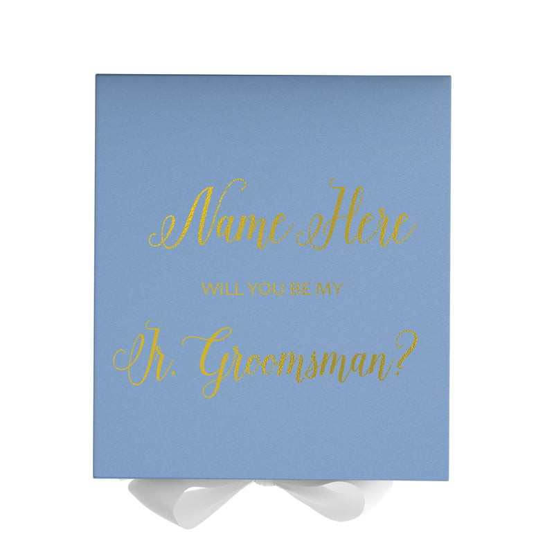 Personalized Will You Be My Jr. Groomsman  Box? Proposal Box Light Blue w/ Bow white - No Border