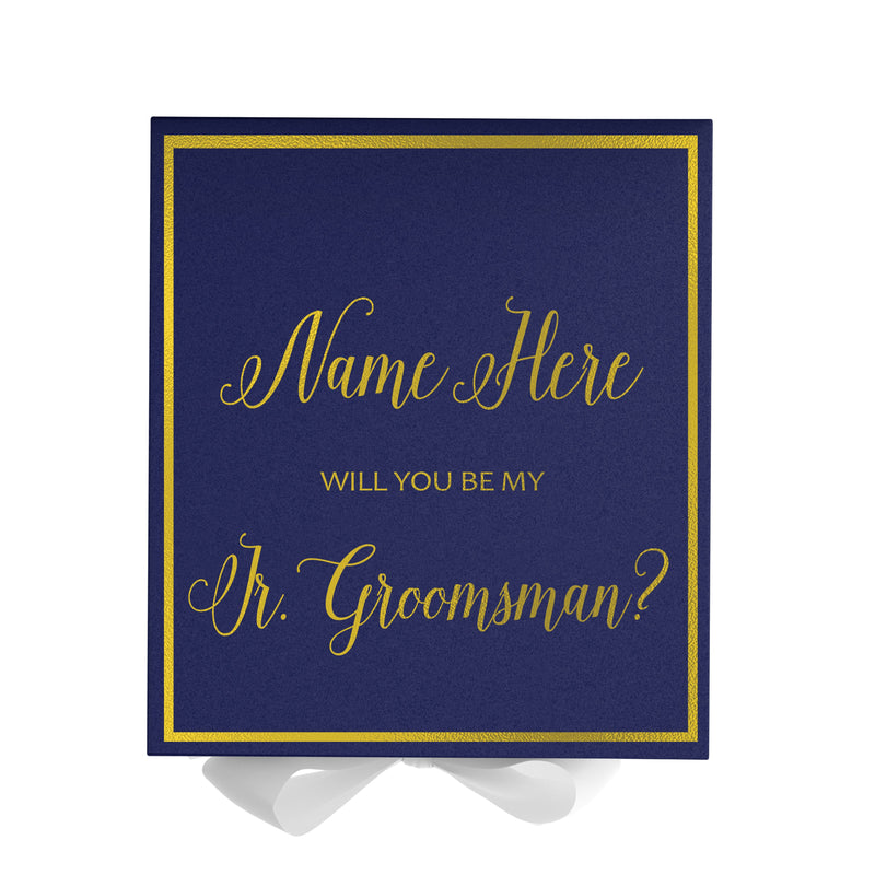 Personalized Will You Be My Jr. Groomsman  Box? Proposal Box Navy Blue w/ Bow white -  Border