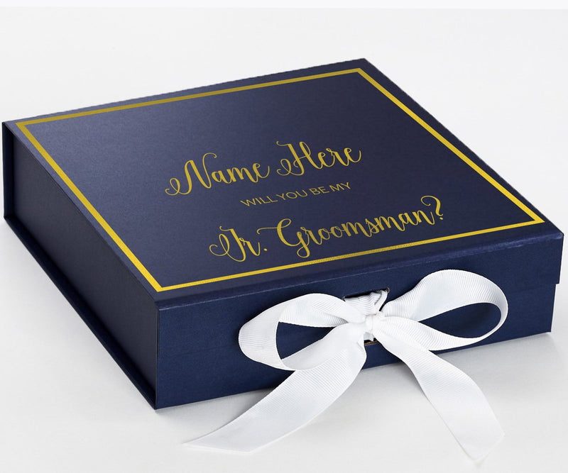 Personalized Will You Be My Jr. Groomsman  Box? Proposal Box Navy Blue w/ Bow white -  Border