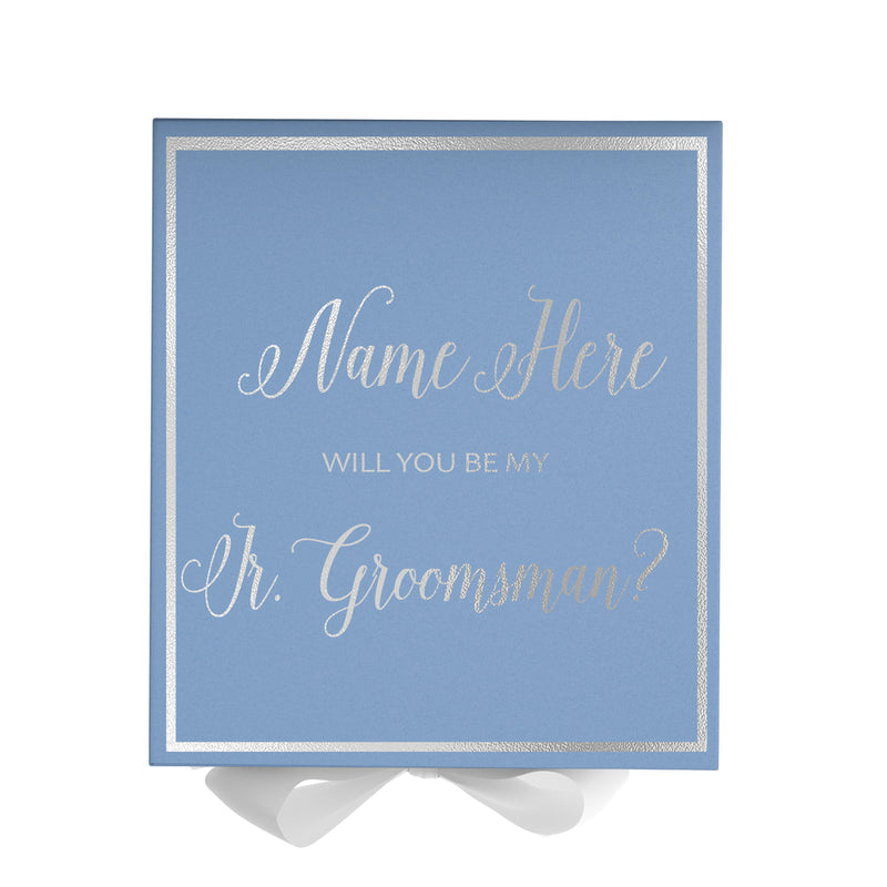 Personalized Will You Be My Jr. Groomsman  Box? Proposal Box Light Blue w/ Bow white -  Border