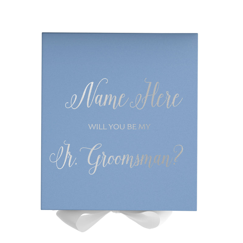 Personalized Will You Be My Jr. Groomsman  Box? Proposal Box Light Blue w/ Bow white - No Border