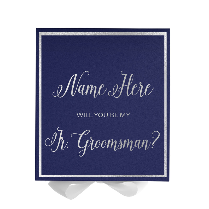 Personalized Will You Be My Jr. Groomsman  Box? Proposal Box Navy Blue w/ Bow white -  Border