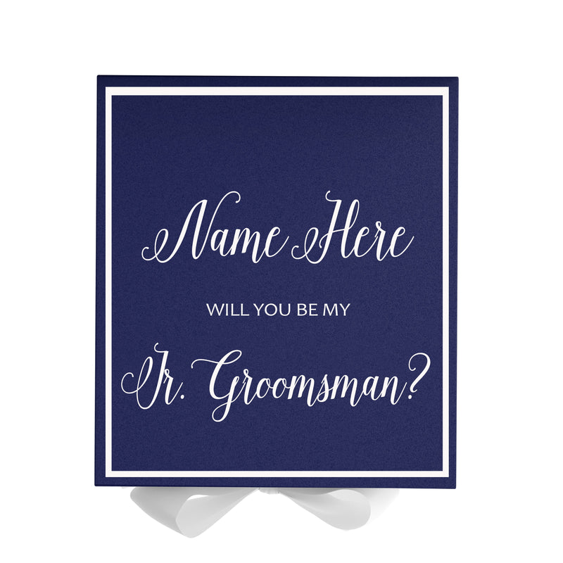 Personalized Will You Be My Jr. Groomsman  Box? Proposal Box Navy Blue w/ Bow white -  Border