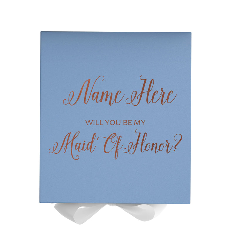 Personalized Will You Be My Maid Of Honor  Box? Proposal Box Light Blue w/ Bow white - No Border