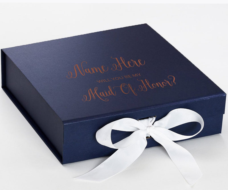 Personalized Will You Be My Maid Of Honor  Box? Proposal Box Navy Blue w/ Bow white - No Border