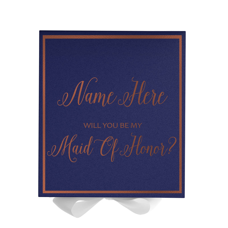 Personalized Will You Be My Maid Of Honor  Box? Proposal Box Navy Blue w/ Bow white -  Border