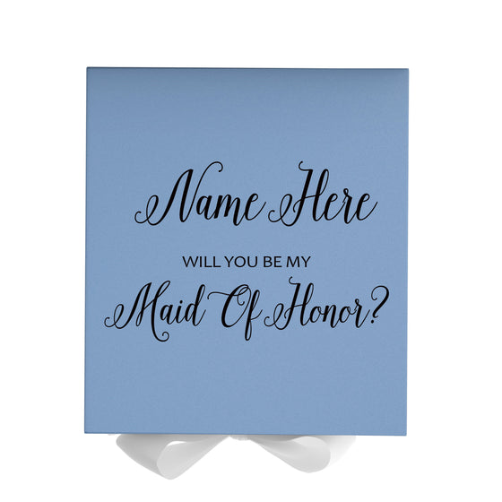 Personalized Will You Be My Maid Of Honor  Box? Proposal Box Light Blue w/ Bow white - No Border