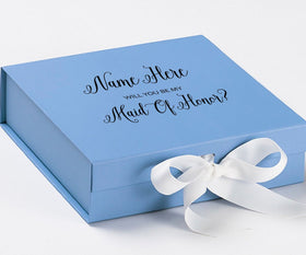 Personalized Will You Be My Maid Of Honor  Box? Proposal Box Light Blue w/ Bow white - No Border