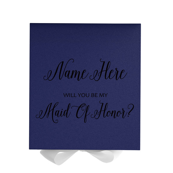 Personalized Will You Be My Maid Of Honor  Box? Proposal Box Navy Blue w/ Bow white - No Border