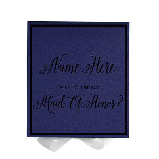 Personalized Will You Be My Maid Of Honor  Box? Proposal Box Navy Blue w/ Bow white -  Border