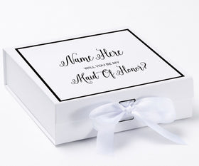 Personalized Will You Be My Maid Of Honor  Box? Proposal Box White w/ Bow white -  Border