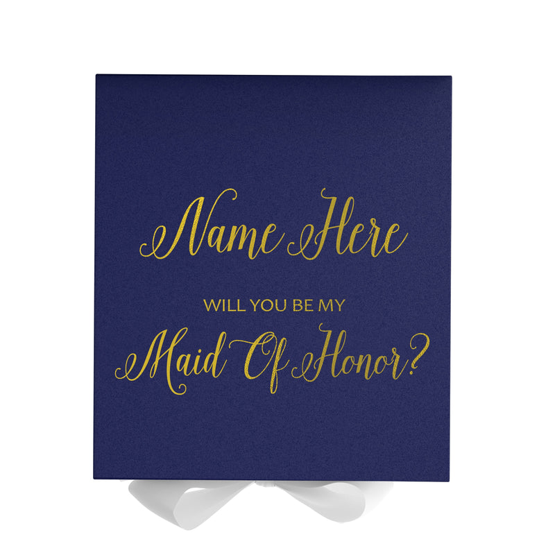 Personalized Will You Be My Maid Of Honor  Box? Proposal Box Navy Blue w/ Bow white - No Border