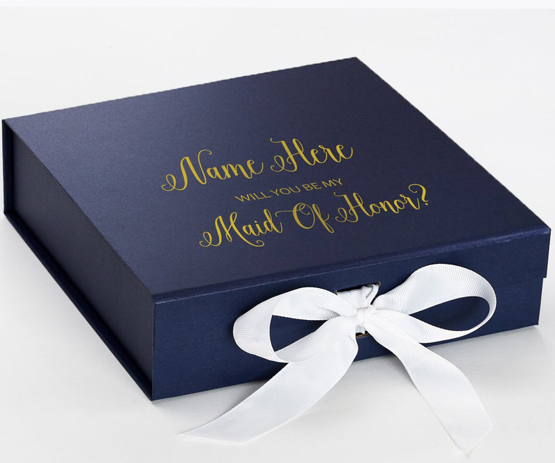 Personalized Will You Be My Maid Of Honor  Box? Proposal Box Navy Blue w/ Bow white - No Border