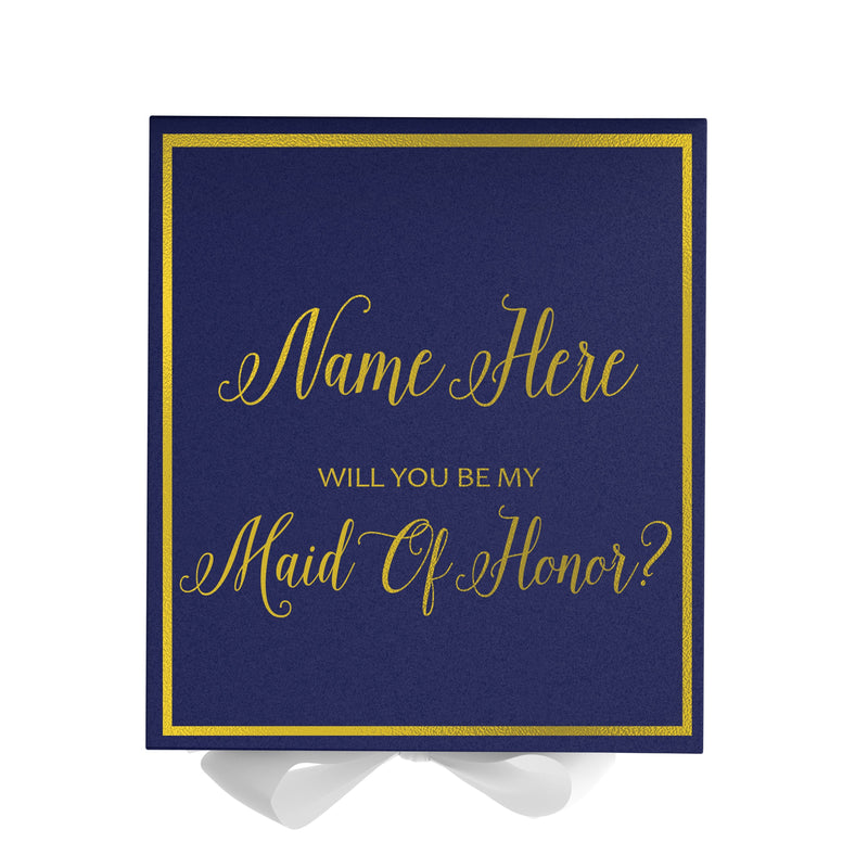 Personalized Will You Be My Maid Of Honor  Box? Proposal Box Navy Blue w/ Bow white -  Border