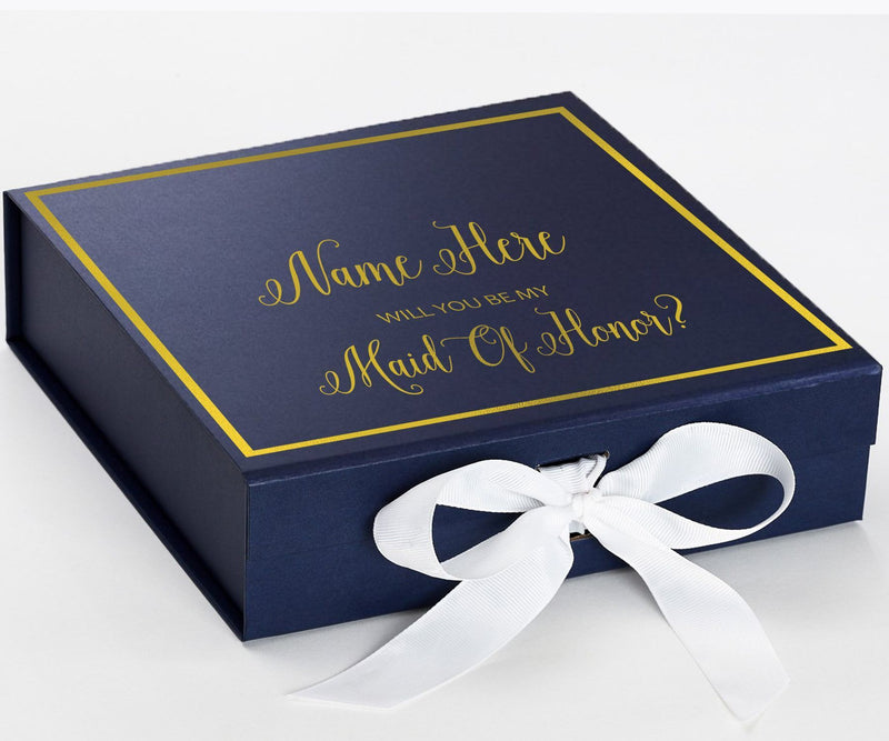 Personalized Will You Be My Maid Of Honor  Box? Proposal Box Navy Blue w/ Bow white -  Border