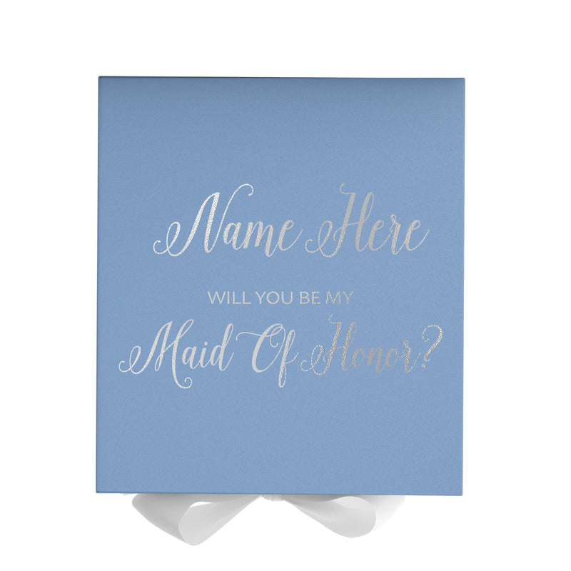 Personalized Will You Be My Maid Of Honor  Box? Proposal Box Light Blue w/ Bow white - No Border