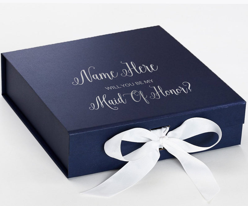 Personalized Will You Be My Maid Of Honor  Box? Proposal Box Navy Blue w/ Bow white - No Border