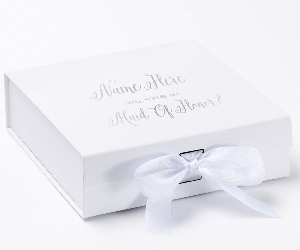 Personalized Will You Be My Maid Of Honor  Box? Proposal Box White w/ Bow white - No Border