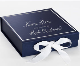 Personalized Will You Be My Maid Of Honor  Box? Proposal Box Navy Blue w/ Bow white -  Border
