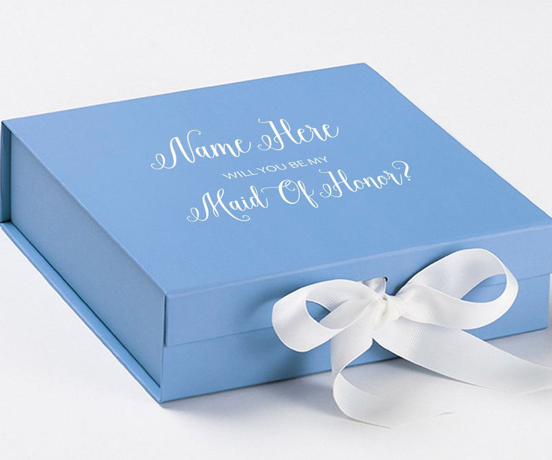 Personalized Will You Be My Maid Of Honor  Box? Proposal Box Light Blue w/ Bow white - No Border