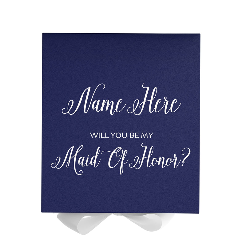 Personalized Will You Be My Maid Of Honor  Box? Proposal Box Navy Blue w/ Bow white - No Border