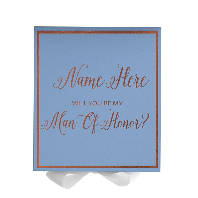 Personalized Will You Be My Man Of Honor  Box? Proposal Box Light Blue w/ Bow white -  Border