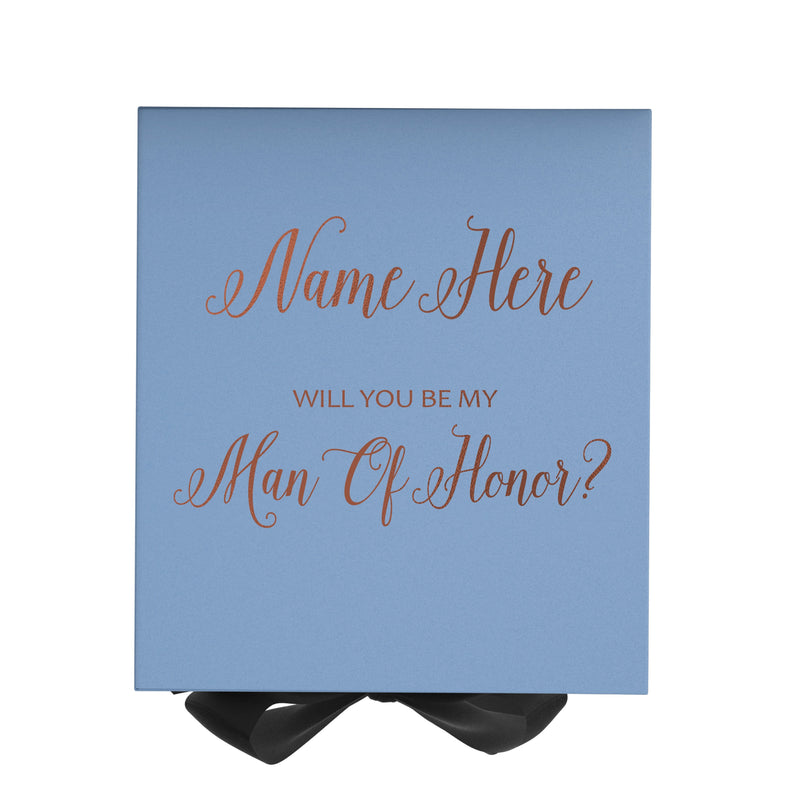 Personalized Will You Be My Man Of Honor  Box? Proposal Box Light Blue w/ Bow Blk - No Border