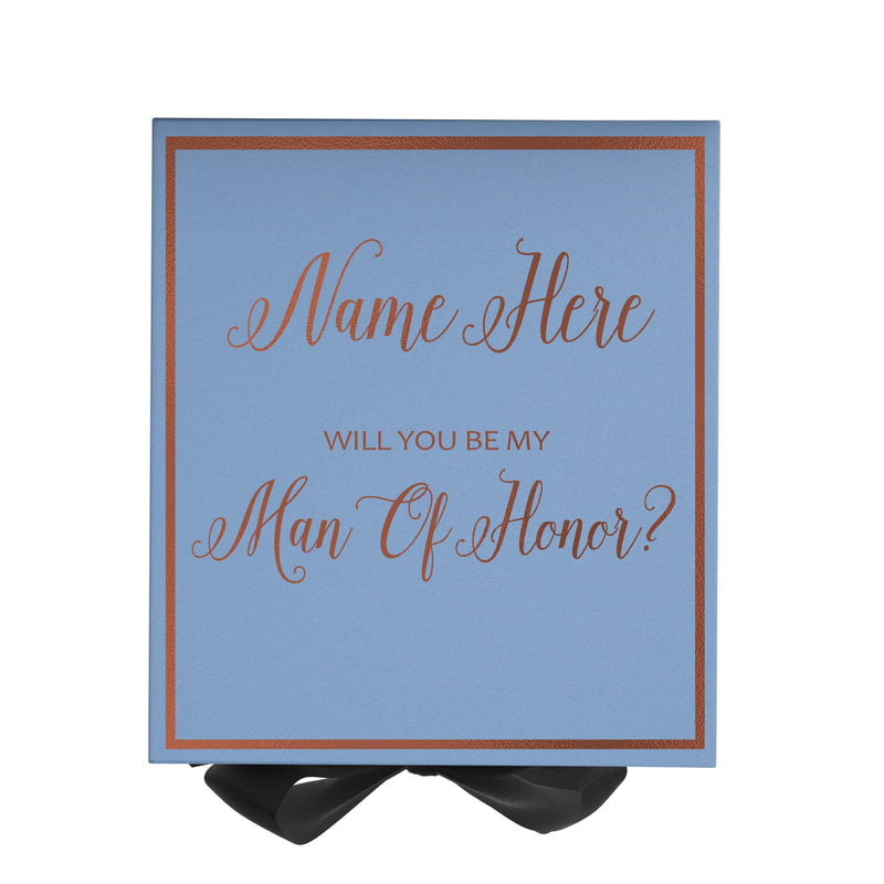 Personalized Will You Be My Man Of Honor  Box? Proposal Box Light Blue w/ Bow Blk -  Border