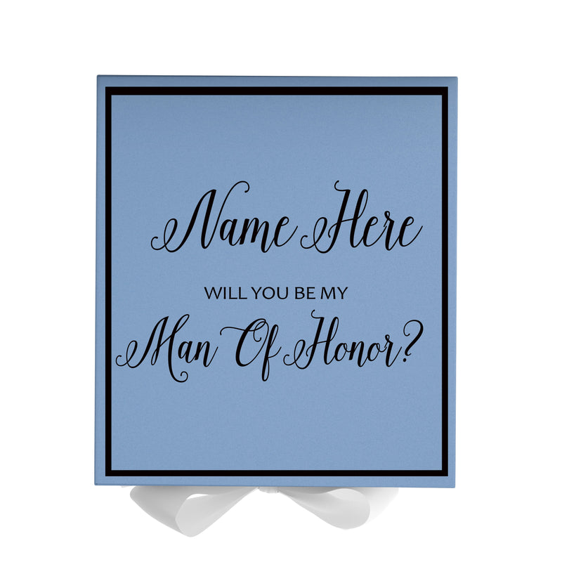 Personalized Will You Be My Man Of Honor  Box? Proposal Box Light Blue w/ Bow white -  Border