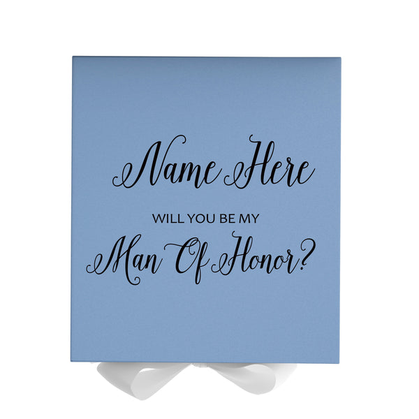 Personalized Will You Be My Man Of Honor  Box? Proposal Box Light Blue w/ Bow white - No Border