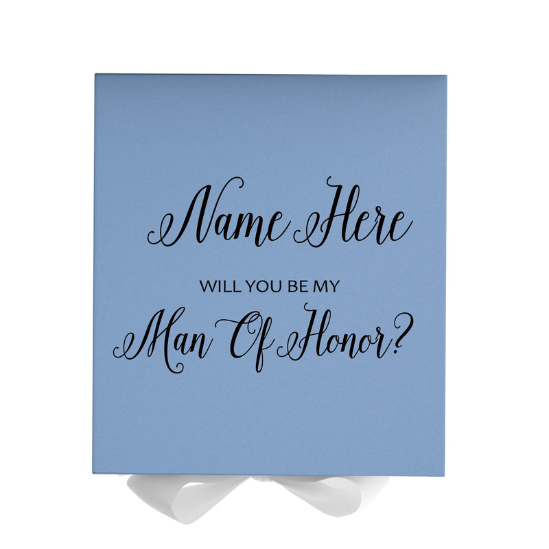 Personalized Will You Be My Man Of Honor  Box? Proposal Box Light Blue w/ Bow white - No Border
