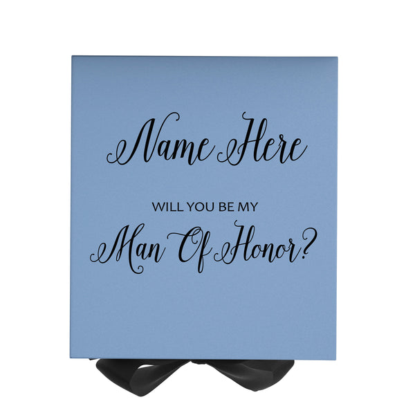 Personalized Will You Be My Man Of Honor  Box? Proposal Box Light Blue w/ Bow Blk - No Border