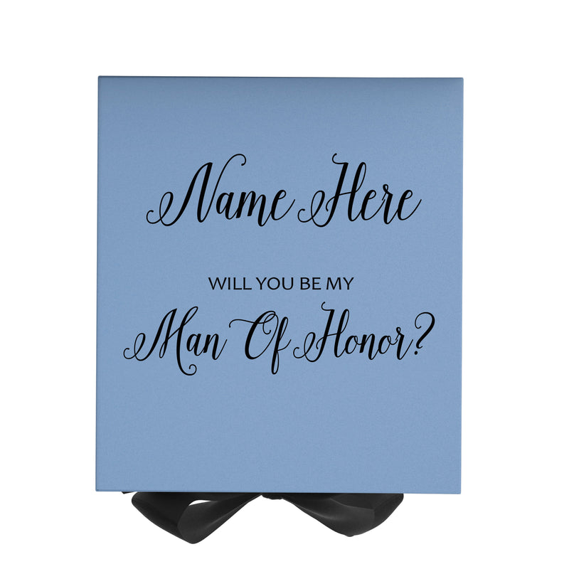 Personalized Will You Be My Man Of Honor  Box? Proposal Box Light Blue w/ Bow Blk - No Border